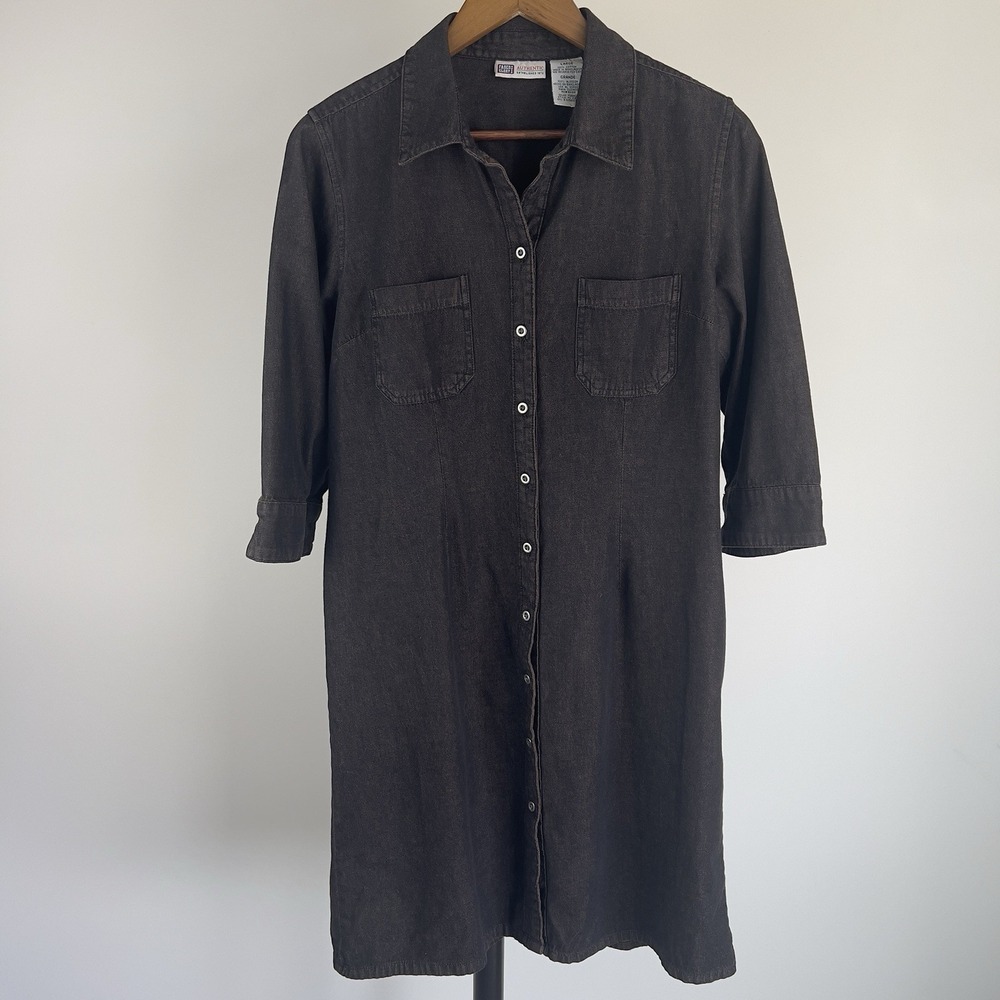 Vintage 90s Faded Glory Chocolate Brown Cotton Shirt Dress Large Button Up